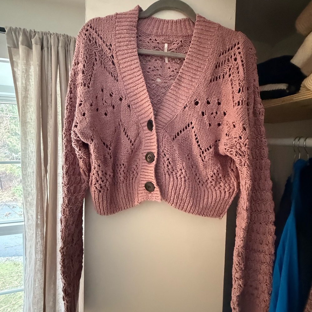 Free People Dusty Rose Open-Knit Button Cardigan